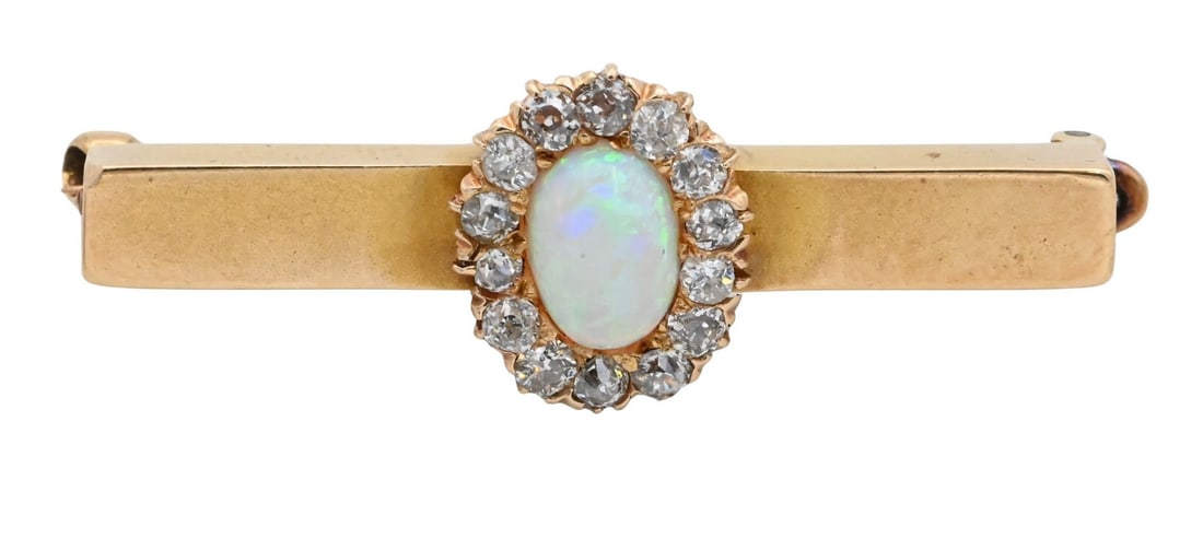 14K Yellow Gold Opal and Diamond Bar Pin / Brooch (1 of 3)