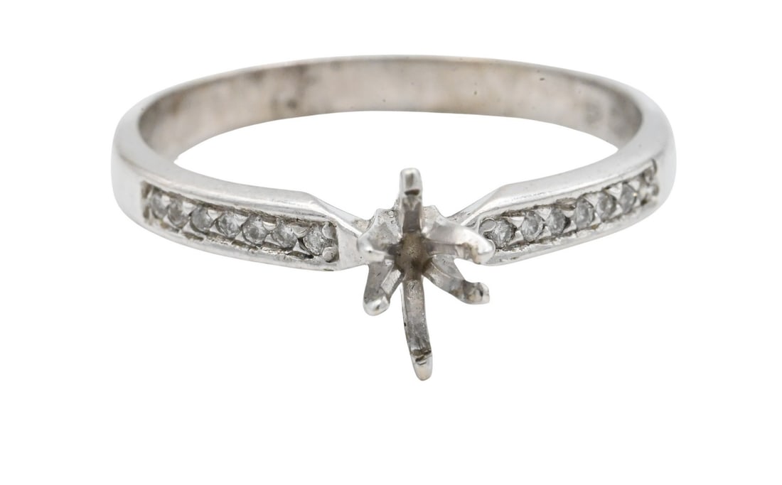 14K White Gold and Diamond Engagement Ring Setting: 14K White Gold and Diamond Engagement Ring Setting setting only, size 6 3/4, total weight 1.2 grams