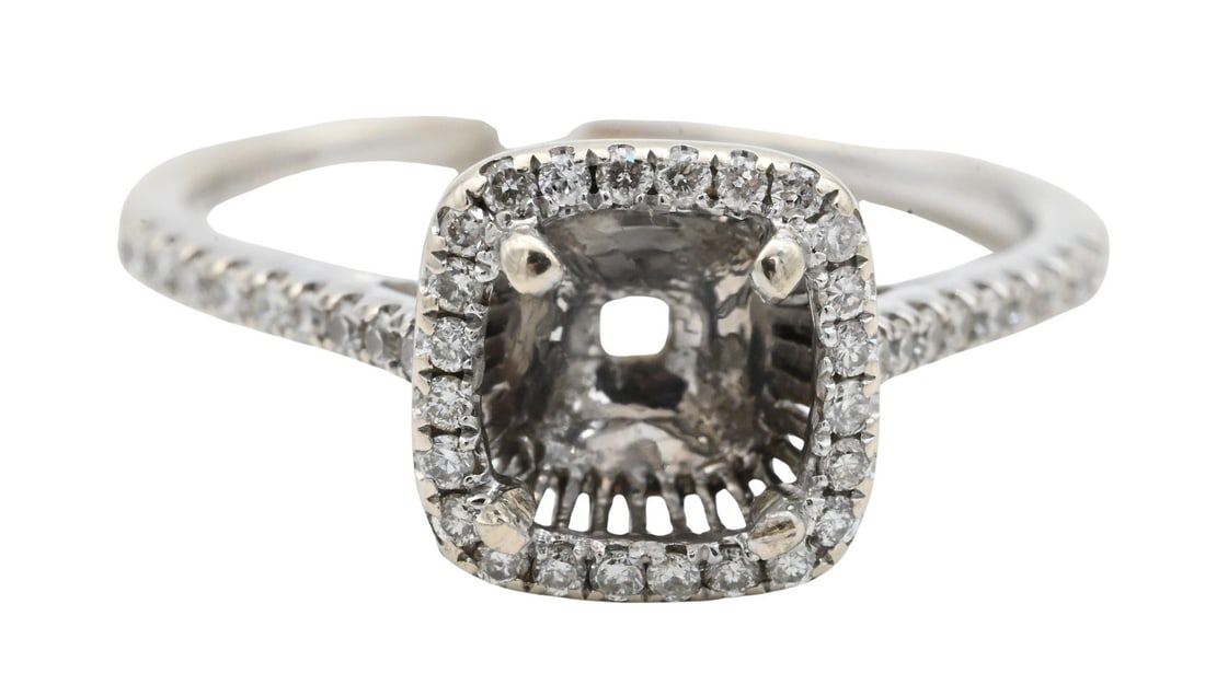 14K White Gold and Diamond Engagement Ring Setting Only: 14K White Gold and Diamond Engagement Ring Setting Only setting for square cut stone, approximately 6.4mm x 6.4mm, having halo of pave set diamonds and on shank size 6 3/4, total weight 2.4 grams