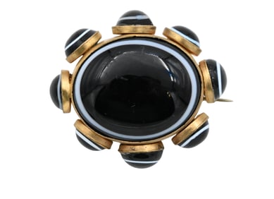 Victorian-Style Banded Agate and Gilt Brooch
