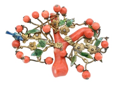 Antique Coral, Enamel, and Gilt-Metal Branch Brooch