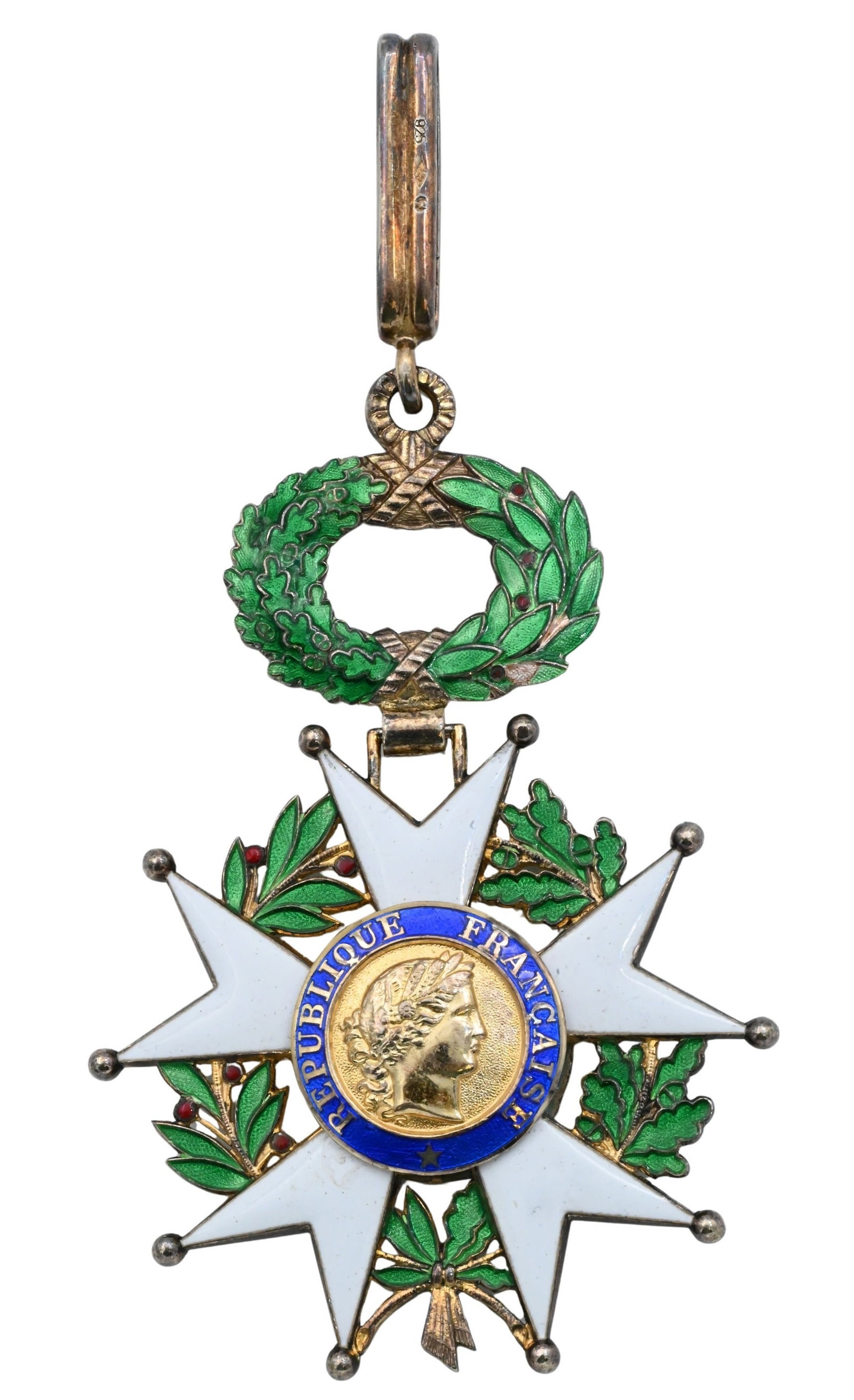 French Order of the Legion of Honor Medal: French Order of the Legion of Honor Medal in sterling silver and enamel, circa 1946 to present, 4th/5th Republic, 1.8 t.oz, 4 1/2 long