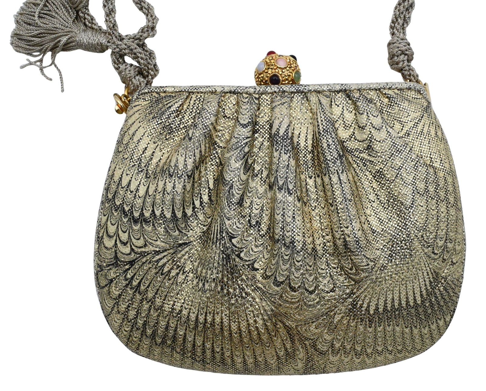Judith Leiber Jeweled Evening Bag and Accessories Set: Judith Leiber Jeweled Evening Bag and Accessories Set Gilt and metallic fabric minaudière with swirling feather-patterned brocade design, the clasp in the form of a domed sphere set with multicol