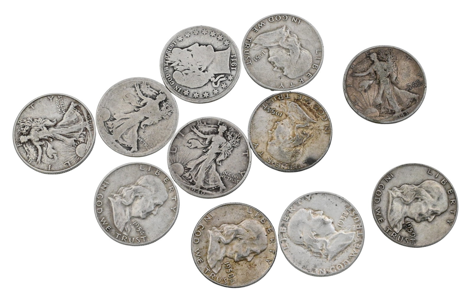 $5.50 Face Value of 90% Franklin and Walking Liberty Silver Hall Dollars: $5.50 Face Value of 90% Franklin and Walking Liberty Silver Hall Dollars various dates and states of ware