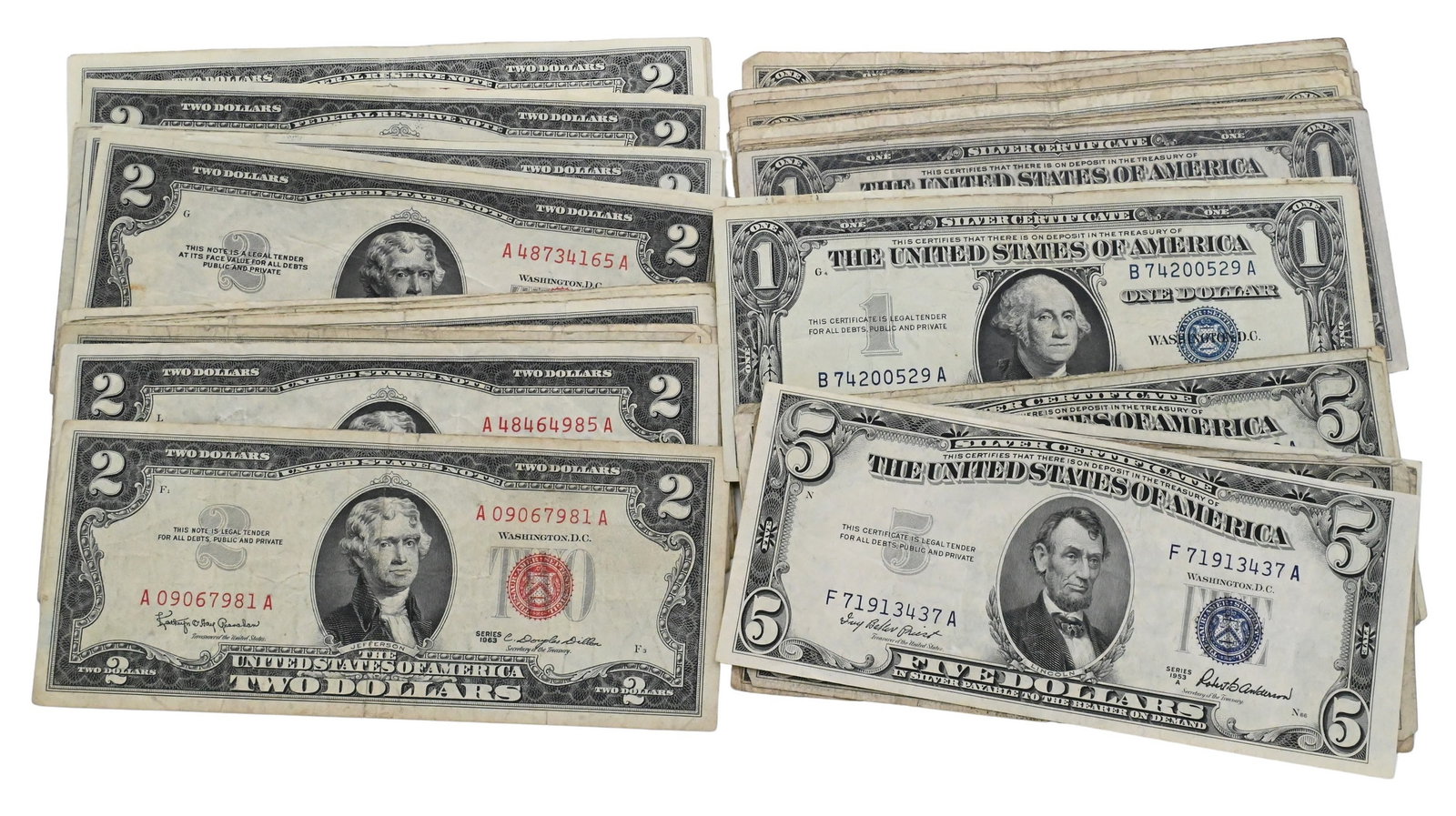 Group of U.S Silver Certificates: Group of U.S Silver Certificates to include 30 $1's, 7 $5's, 14 $2 red notes, 16 $2's (5 with stamps on them), and one $1 gold certificate