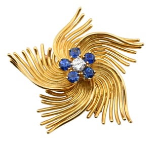 18K Yellow Gold Stylized Flower Brooch of Curved Sprays Centering One Round Brilliant-cut Diamond