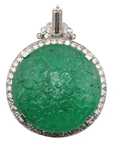 Platinum, Diamond, and Carved Emerald Pendant