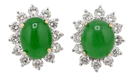 18K White Gold Earrings Centering Two Oval Cabochon Jade Stones