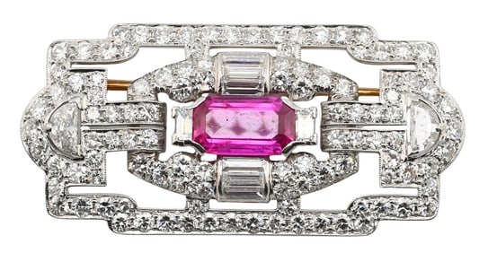 Platinum Rectangular Geometric Brooch Centering an Emerald-cut Ruby