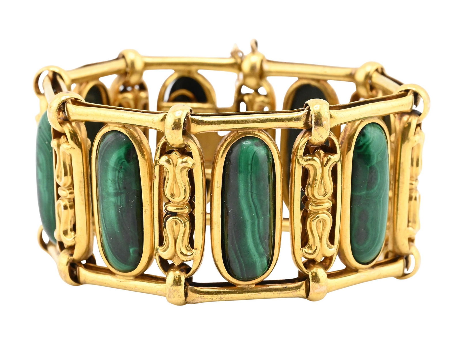 14K Yellow Gold and Malachite Link Bracelet: 14K Yellow Gold and Malachite Link Bracelet composed of eight oval malachite cabochons bezel-set within pierced gold frames, connected by tubular links; marked 14K length 7 inches, total weight 51.0 g