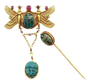 14K Yellow Gold Egyptian Revival Brooch and Stick Pin Set