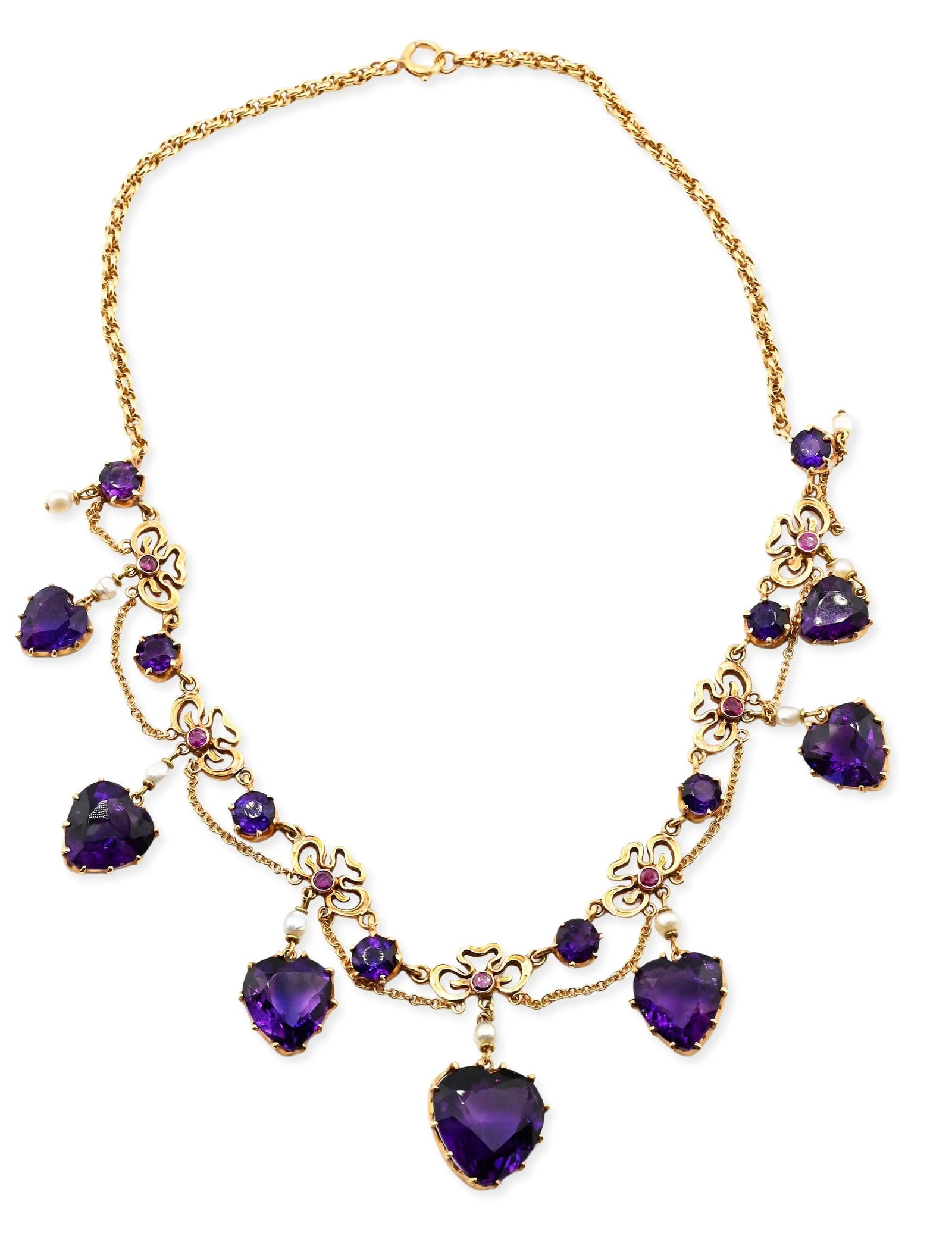 14K Yellow Gold Amethyst and Pearl Necklace: 14K Yellow Gold Amethyst and Pearl Necklace having heart and round cut amethyst with small pearls, and seven round cut pink stones length 14 inches, total weight 31.6 grams