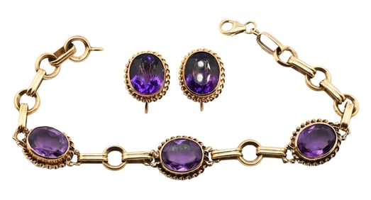 14K Yellow Gold and Amethyst Bracelet and Earrings