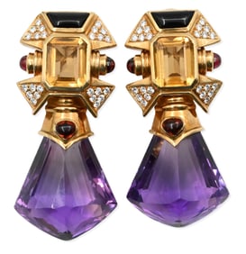 Pair of Baten 18K Yellow Gold and Multi Colored Gem Earrings