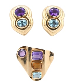 Modernist Gemstone Suite Comprising a Pair of 14K Yellow Gold Earrings and a Matching Brooch