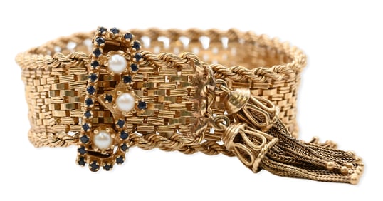 14K Gold Wide Mesh Bracelet with Sapphire and Pearl Clasp