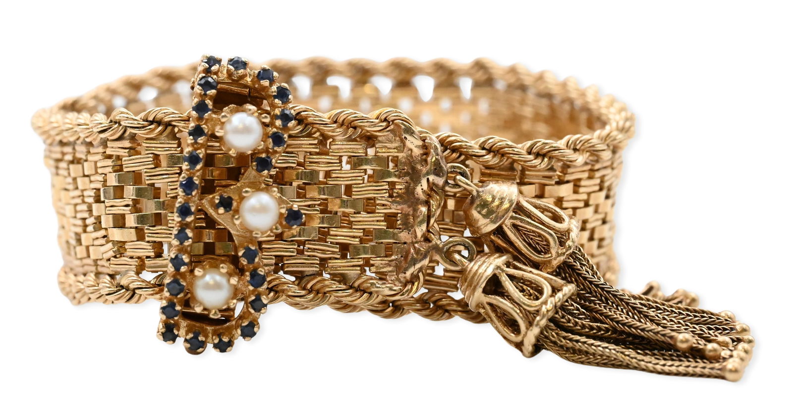 14K Gold Wide Mesh Bracelet with Sapphire and Pearl Clasp (1 of 6)