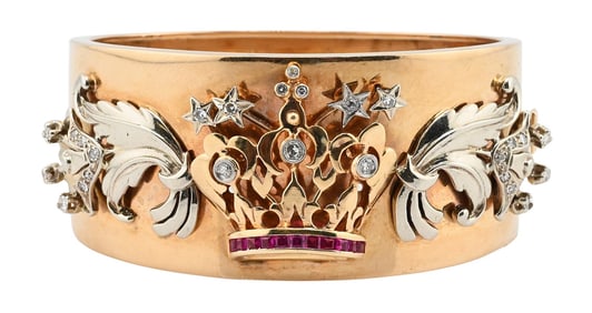 14K Gold Bangle Bracelet with Diamond, Ruby & White Gold Accents