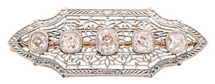 14K Yellow Gold and Platinum Natural Diamond Filigree Bar Pin / Brooch