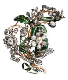 Yellow Gold, Silver Topped Gold, Enamel, and Diamond Floral Spray Brooch