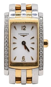 Longines Ladies’ Stainless Steel and Gold DolceVita Diamond-Set Wristwatch