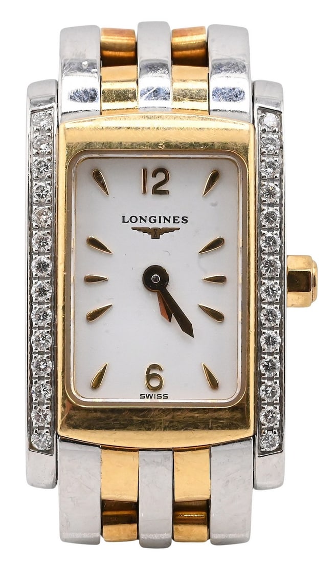 Longines Ladies’ Stainless Steel and Gold DolceVita Diamond-Set Wristwatch: Longines Ladies’ Stainless Steel and Gold DolceVita Diamond-Set Wristwatch white dial with baton markers and Arabic 12 and 6, stainless steel and gold case with diamond-set bezel; gold & stainle