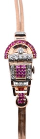 14K Rose Gold Retro Ruby & Diamond Bracelet-Watch