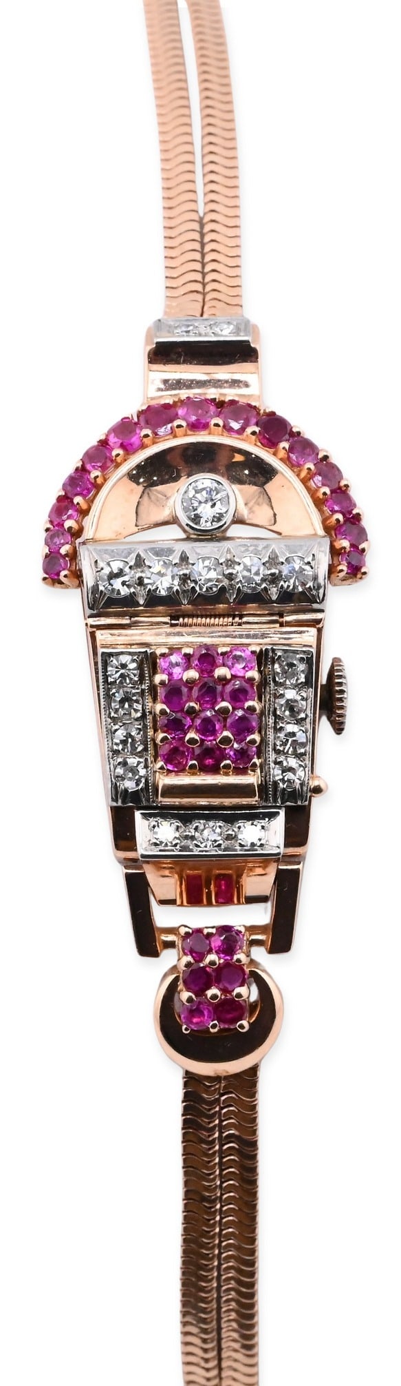 14K Rose Gold Retro Ruby & Diamond Bracelet-Watch (1 of 6)