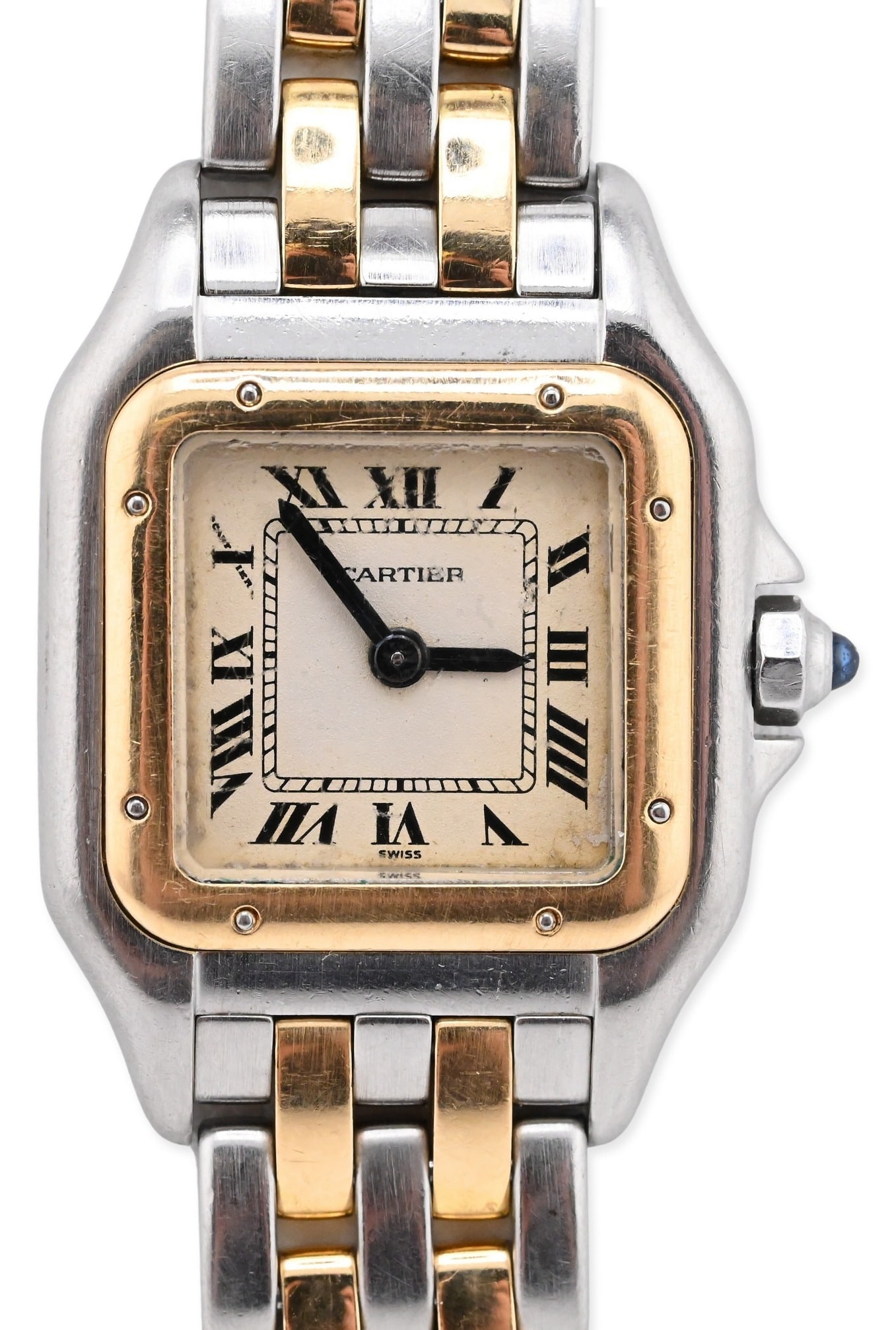 Cartier Panthère Tank Two-Tone Stainless Steel & Gold Quartz Wristwatch: Cartier Panthère Tank Two-Tone Stainless Steel & Gold Quartz Wristwatch Classic Cartier two-tone Panthère wristwatch, featuring a square case with rounded edges in stainless steel with a yel