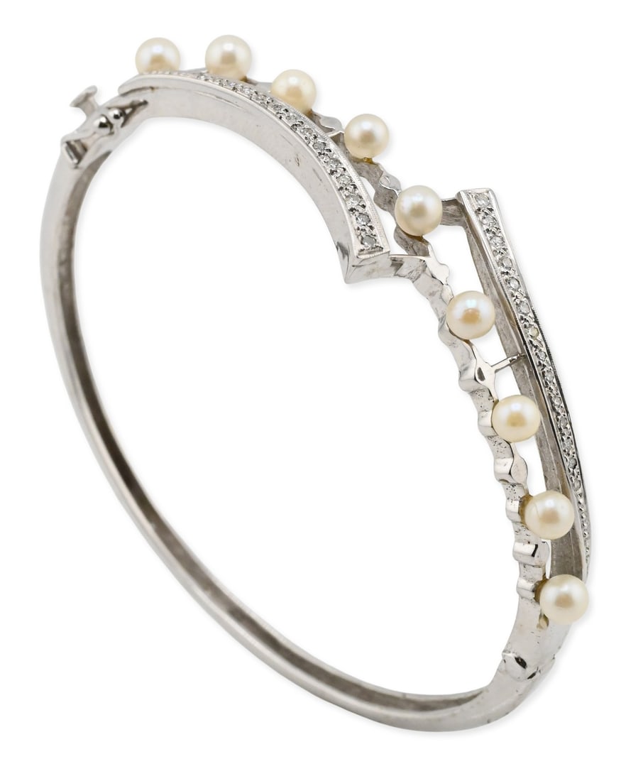 14K White Gold, Diamond, and Pearl Bangle Bracelet (1 of 5)