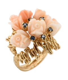 14K Gold Ring with Carved Coral Flowers and Blue Sapphires
