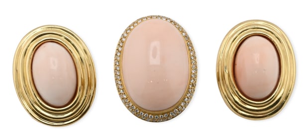 18K Gold Angel-Skin Coral and Diamond Ring & Earrings Suite