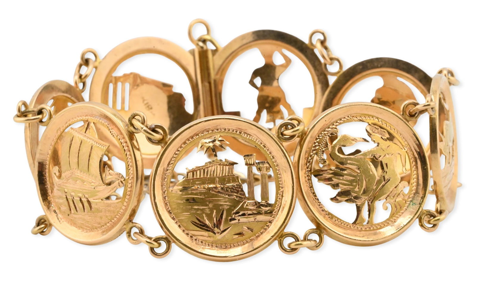 18K Yellow Gold Chain Bracelet: 18K Yellow Gold Chain Bracelet depicting eight different ancient scenes cut out of the discs length approximately 7 inches, total weight 20 grams