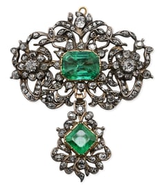 Diamond and Emerald Openwork Silver-Topped Gold Brooch Pendant