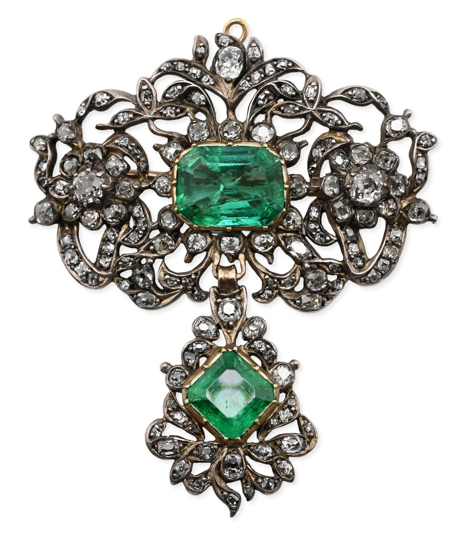 Diamond and Emerald Openwork Silver-Topped Gold Brooch Pendant (1 of 5)