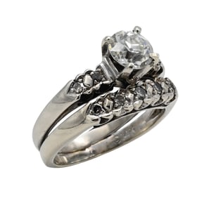 14K White Gold and Natural Diamond Engagement Ring and Band Bonded Together