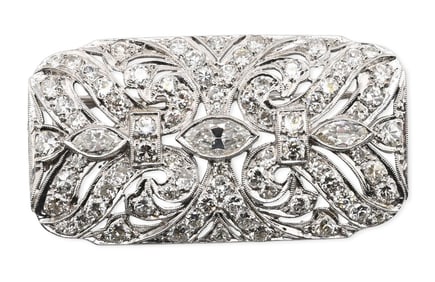 Platinum Openwork Rectangular Brooch - Pendant of Pierced Design