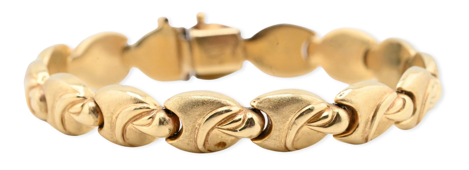 14K Yellow Gold Italian Bracelet: 14K Yellow Gold Italian Bracelet vintage Italian 14K yellow gold bracelet composed of articulated links, ach formed as a stylized sculptural scroll motif with a soft matte finish, the bracelet is fitt