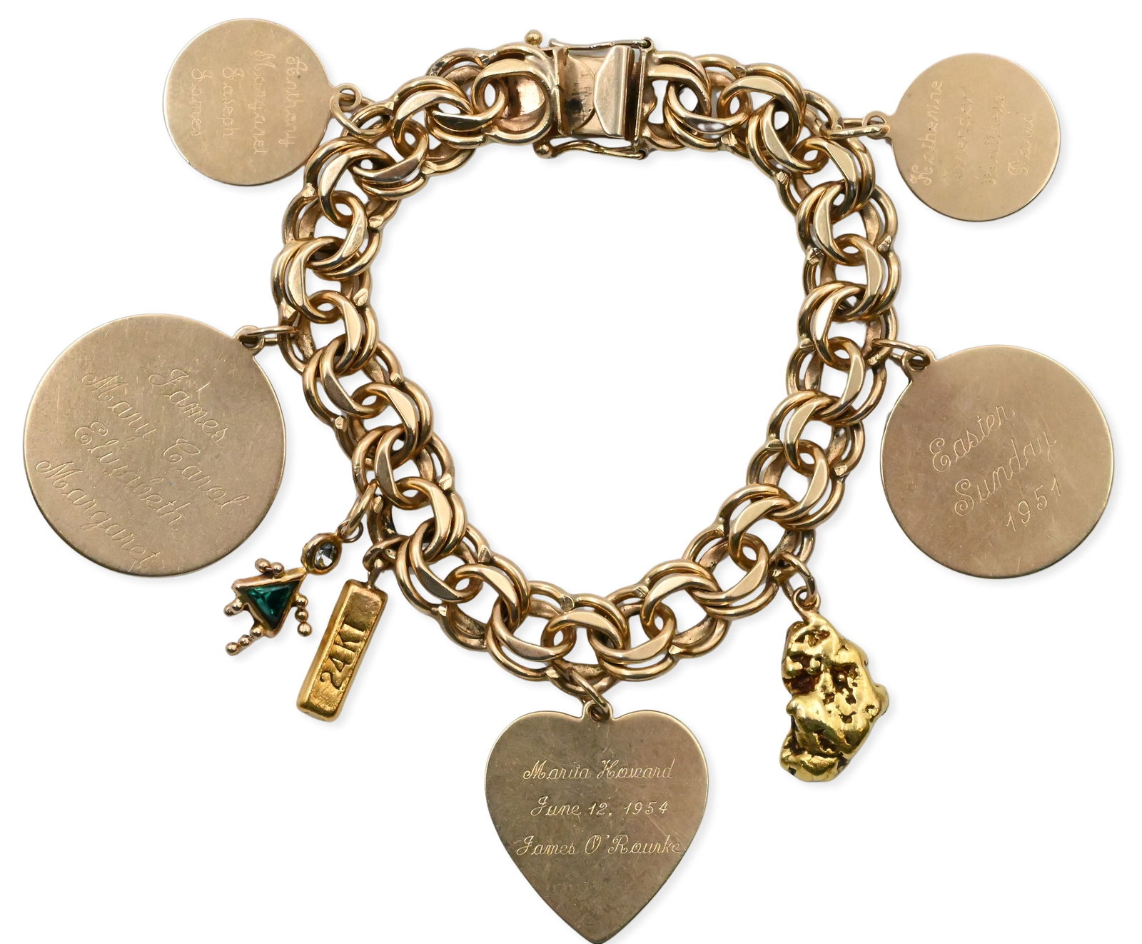 14K Yellow Gold Charm Bracelet: 14K Yellow Gold Charm Bracelet having eight charms length 7 1/2 inches, total weight 66.8 grams