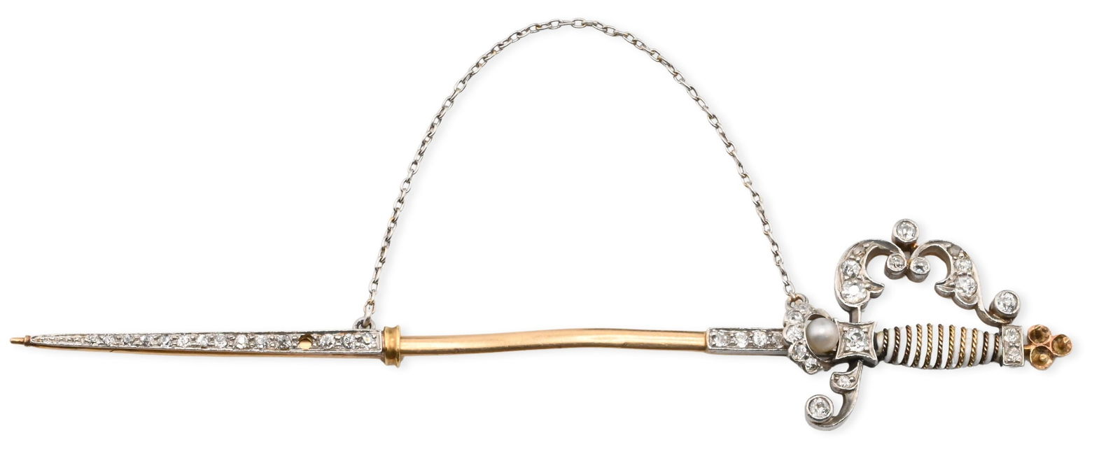 18K Yellow Gold Diamond, and Pearl Sword-form Jabot Pin: 18K Yellow Gold Diamond, and Pearl Sword-form Jabot Pin the finely crafted hilt and guard mounted with old mine- and rose-cut diamonds in silver-topped settings, accented by scrolling foliate motifs a