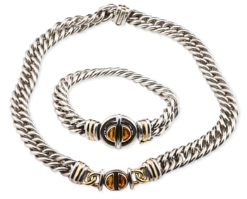 Christofle Silver and 18K Yellow Gold Necklace and Bracelet Suite