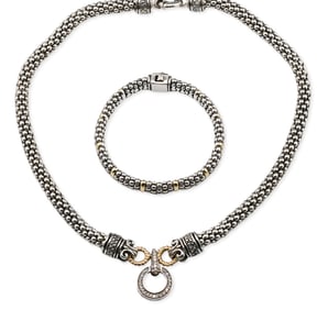 David Yurman Sterling Silver and 18K Yellow Gold Albion Style Necklace and Bracelet Suite
