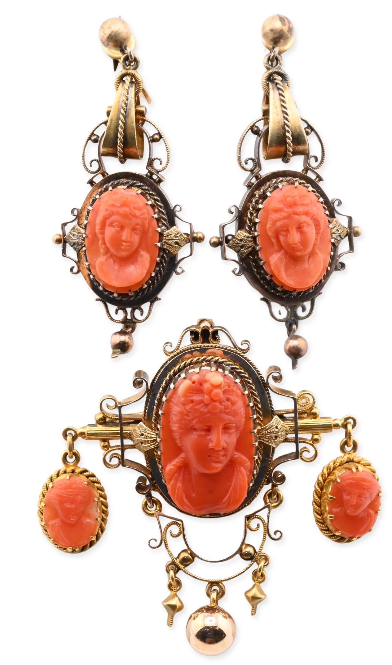 3 Piece Victorian 14K Gold and Coral Cameo Set (1 of 5)