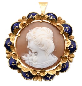 18K Gold and Cobalt Blue Enamel Cameo Brooch/Pendant