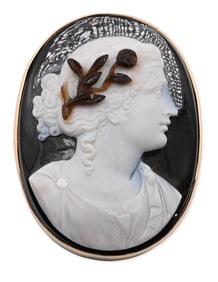 14k Gold Mounted Hardstone Cameo Brooch Classical Female Profile