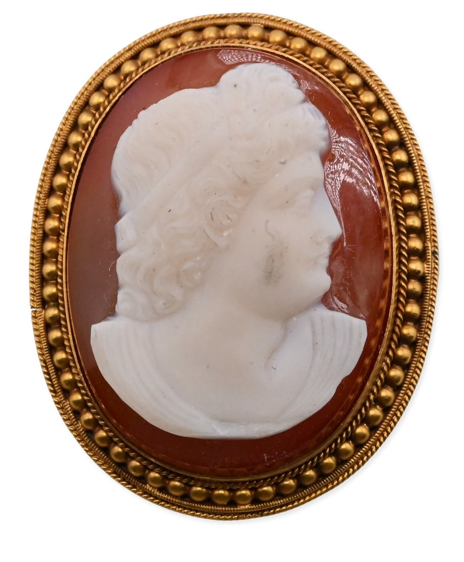 15k Gold Sardonyx Cameo Brooch Classical Female Profile (1 of 5)