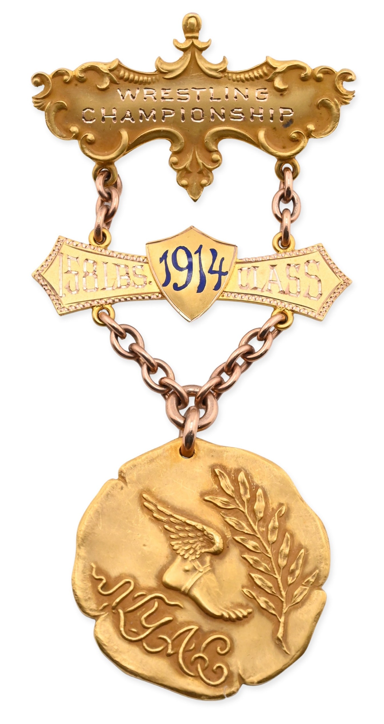 14K Yellow Gold NYAC Wrestling Championship Medal, 1914: 14K Yellow Gold Wrestling Championship Medal, 1914 Robert Stoll, New York, solid gold medal with enameled “1914” shield and bar engraved Wrestling Championship 158 lbs Class, suspended from ch