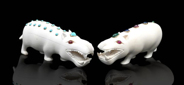 Pair of David Webb Ivory and Cabochon Hippos