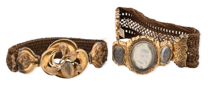 Two Piece 14K Gold Victorian Mourning Hair Bracelets