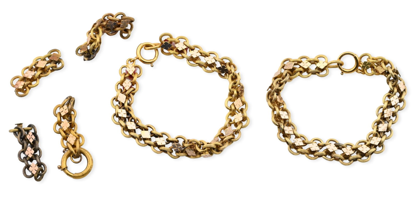 Two 14K Victorian Fancy Multi Link Bracelets: Two 14K Victorian Fancy Multilink Bracelets having a Byzantine style link with solid gold, diamond accents along with four sections of extra links length 8 inches, total weight of bracelets 34.3 grams